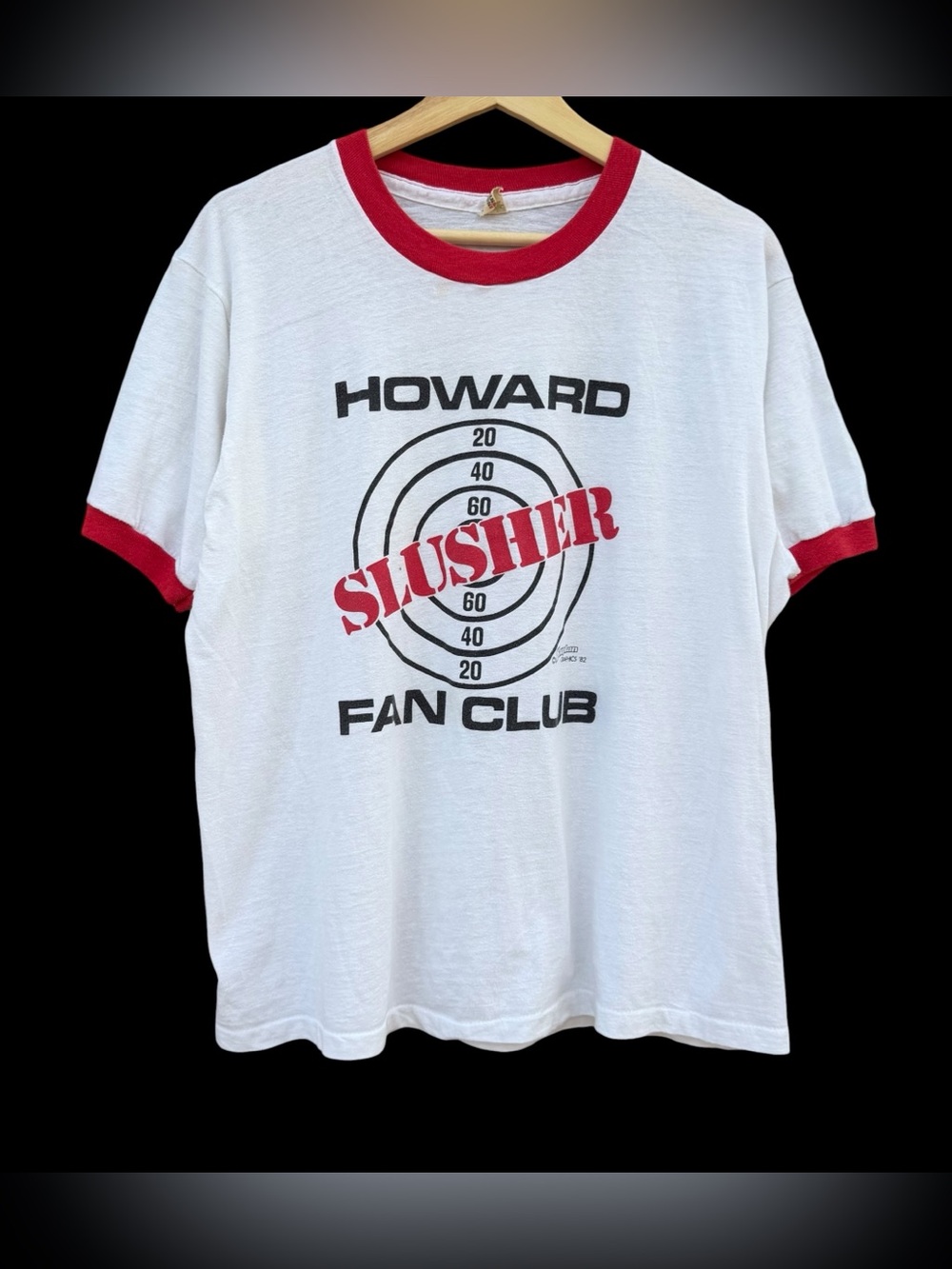 Vintage 80s Howard Slusher Fan Club Screen Stars Ringer Shirt White/Red Size XL